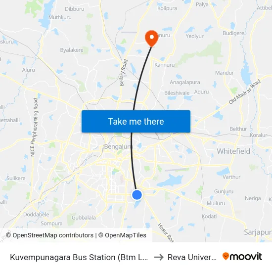 Kuvempunagara Bus Station (Btm Layout) to Reva University map