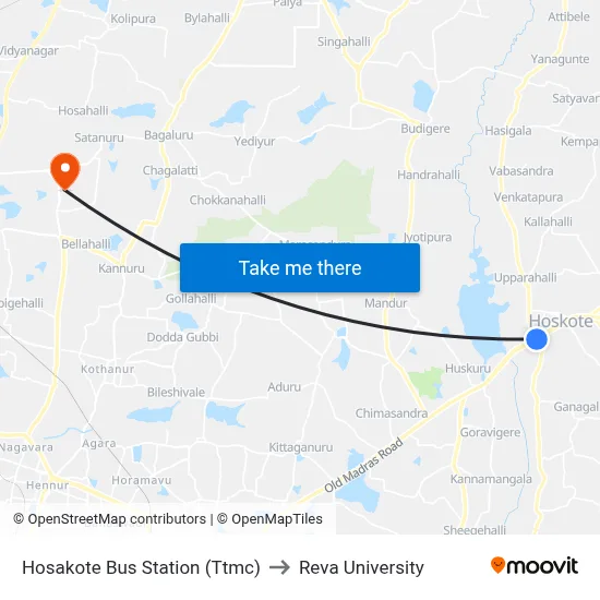 Hosakote Bus Station (Ttmc) to Reva University map