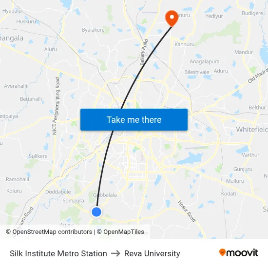 Silk Institute Metro Station to Reva University map