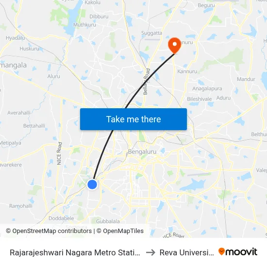 Rajarajeshwari Nagara Metro Station to Reva University map