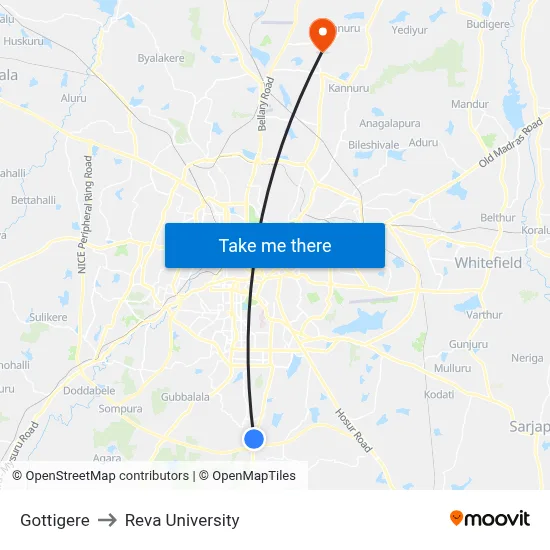 Gottigere to Reva University map