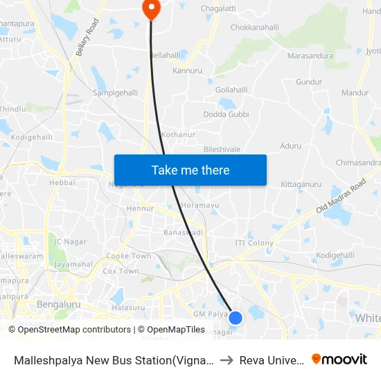 Malleshpalya New Bus Station(Vignananagar) to Reva University map