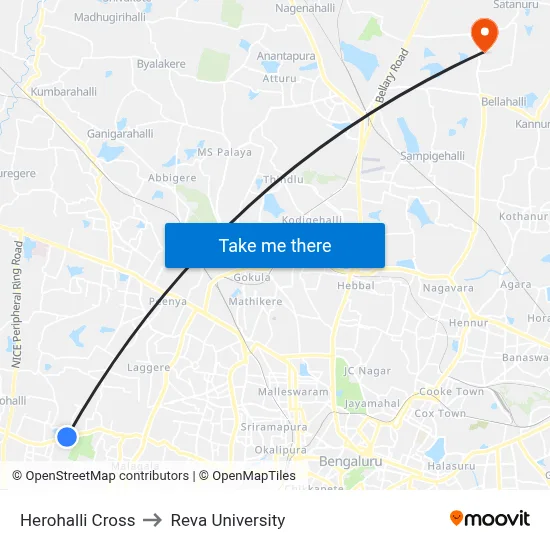 Herohalli Cross to Reva University map