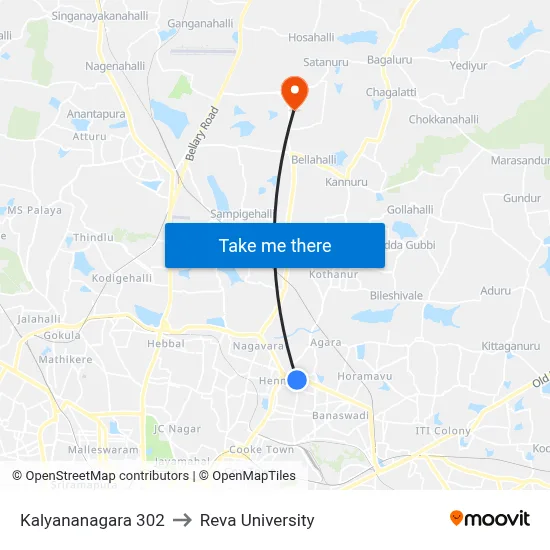 Kalyananagara 302 to Reva University map