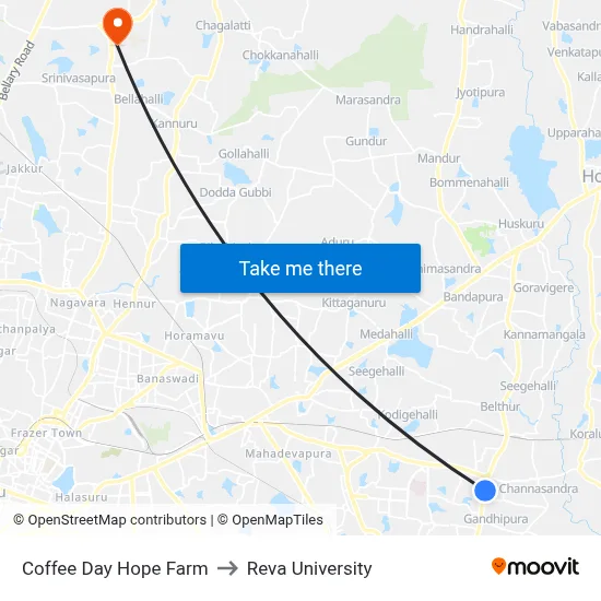 Coffee Day Hope Farm to Reva University map