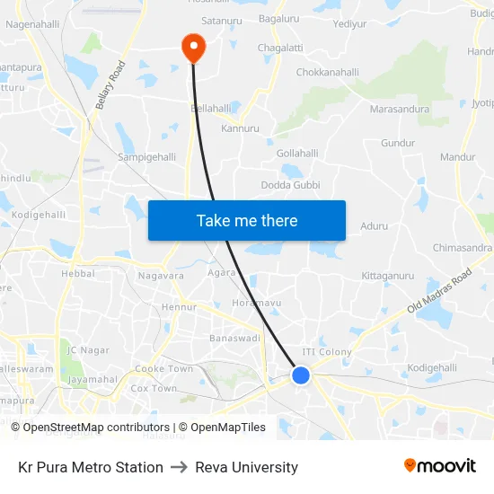 Kr Pura Metro Station to Reva University map