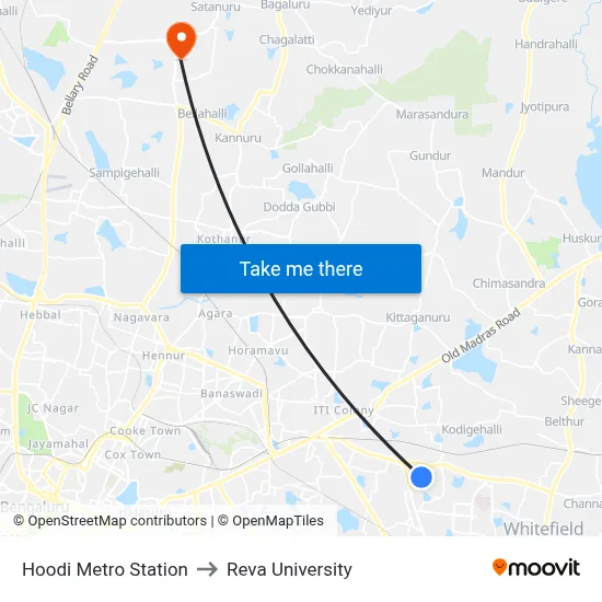 Hoodi Metro Station to Reva University map