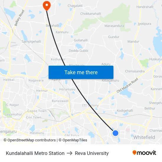 Kundalahalli Metro Station to Reva University map