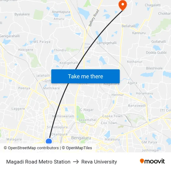 Magadi Road Metro Station to Reva University map
