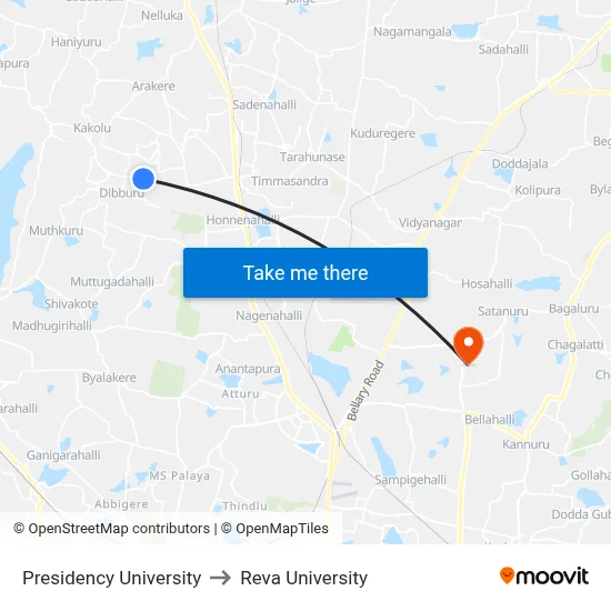 Presidency University to Reva University map