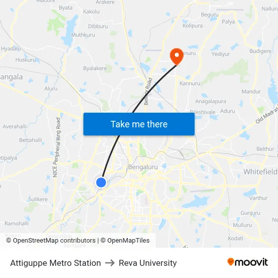 Attiguppe Metro Station to Reva University map