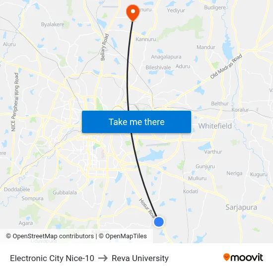 Electronic City Nice-10 to Reva University map