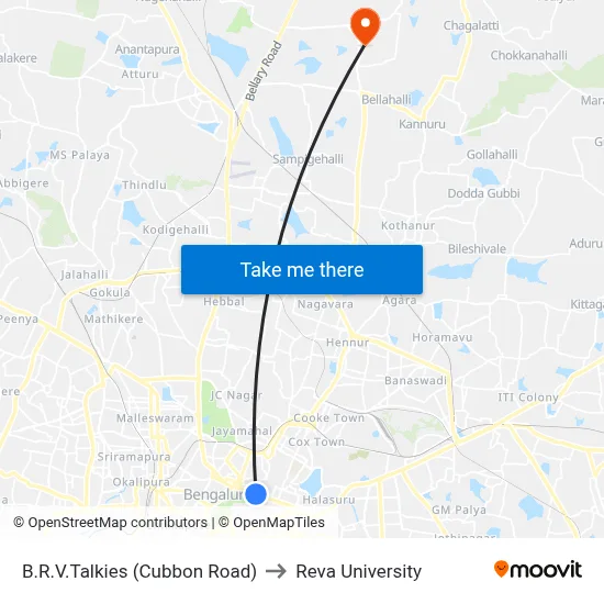 B.R.V.Talkies (Cubbon Road) to Reva University map