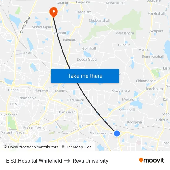 E.S.I.Hospital Whitefield to Reva University map