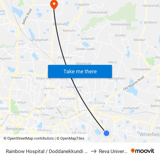 Rainbow Hospital /  Doddanekkundi Bridge to Reva University map