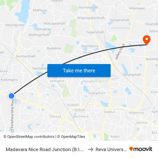 Madavara Nice Road Junction (B.I.E.C) to Reva University map