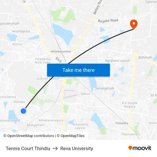 Tennis Court Thindlu to Reva University map