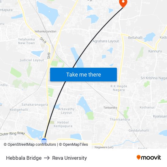 Hebbal Bridge to Reva University map