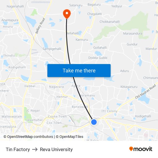 Tin Factory to Reva University map