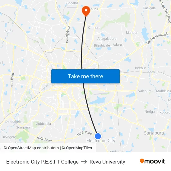 Electronic City P.E.S.I.T College to Reva University map