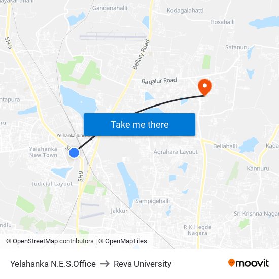 Yelahanka N.E.S.Office to Reva University map