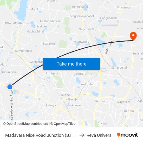 Madavara Nice Road Junction (B.I.E.C) to Reva University map