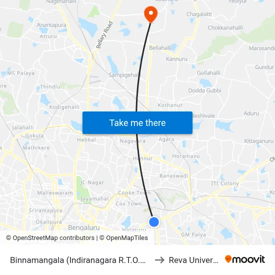 Binnamangala (Indiranagara R.T.O.Office) to Reva University map