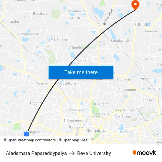 Aladamara Papareddypalya to Reva University map