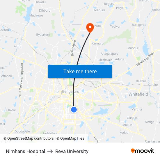 Nimhans Hospital to Reva University map
