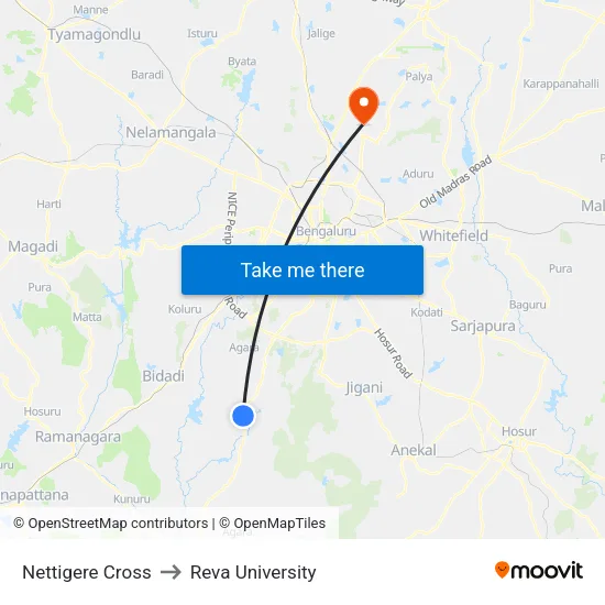 Nettigere Cross to Reva University map