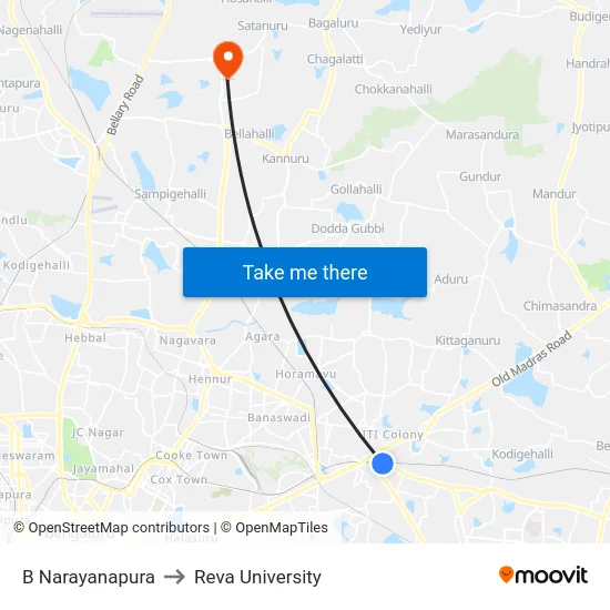 B Narayanapura to Reva University map