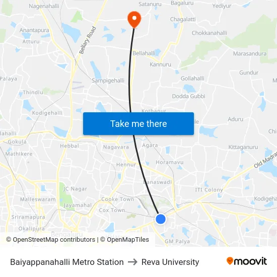 Baiyappanahalli Metro Station to Reva University map
