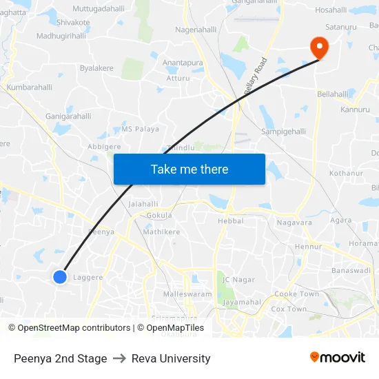 Peenya 2nd Stage to Reva University map