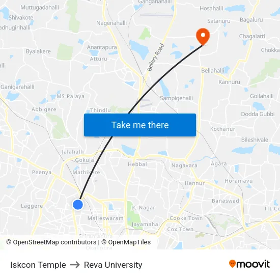 Iskcon Temple to Reva University map