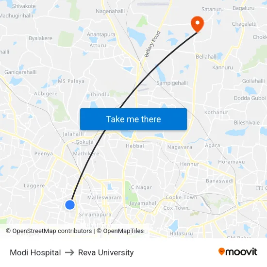 Modi Hospital to Reva University map