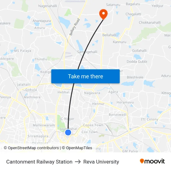 Cantonment Railway Station to Reva University map