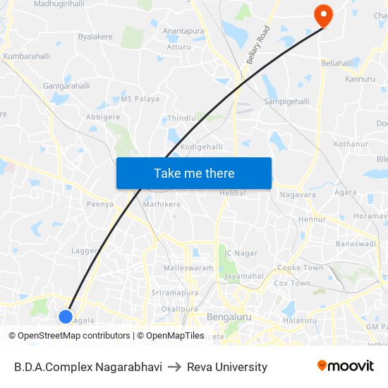 B.D.A.Complex Nagarabhavi to Reva University map