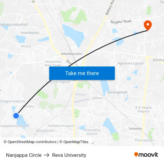 Nanjappa Circle to Reva University map