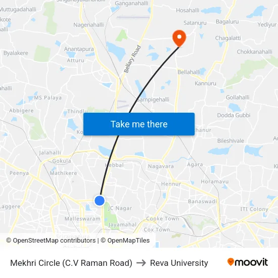 Mekhri Circle (C.V Raman Road) to Reva University map