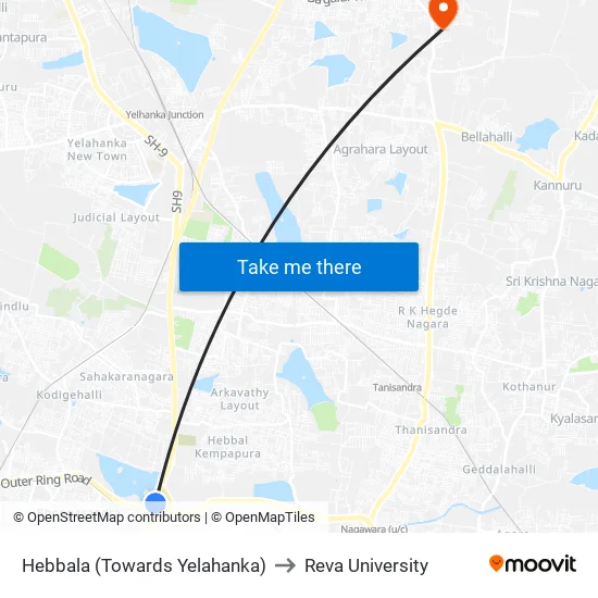 Hebbala (Towards Yelahanka) to Reva University map