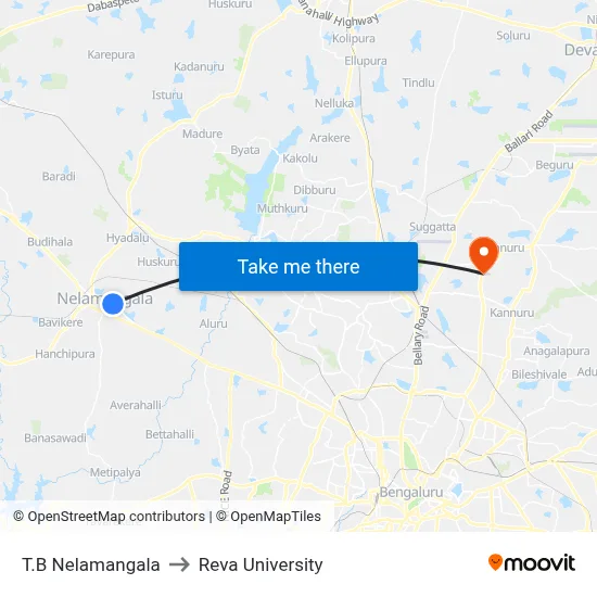 T.B Nelamangala to Reva University map