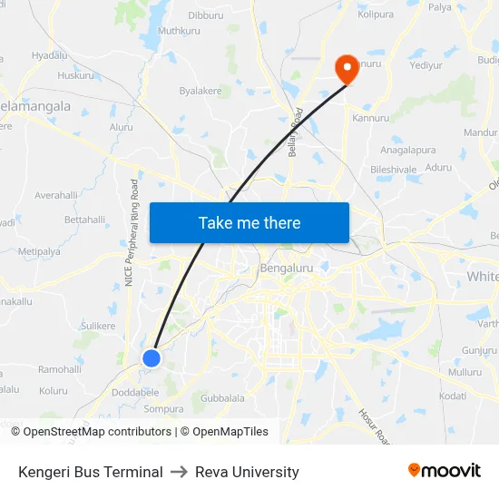 Kengeri Bus Terminal to Reva University map