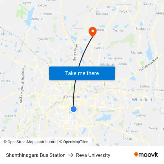 Shanthinagara Bus Station to Reva University map