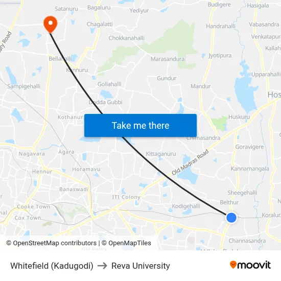 Whitefield (Kadugodi) to Reva University map