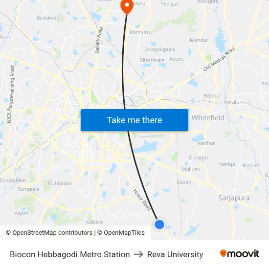 Biocon Hebbagodi Metro Station to Reva University map