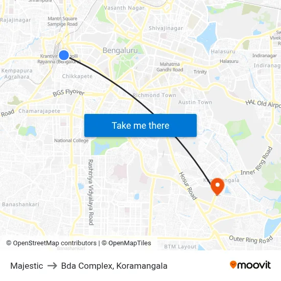 Majestic to Bda Complex, Koramangala map