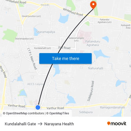 Kundalahalli Gate to Narayana Health map
