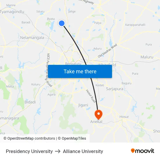 Presidency University to Alliance University map