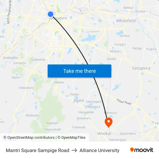 Mantri Square Sampige Road to Alliance University map