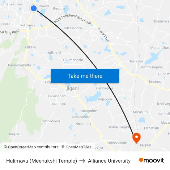 Hulimavu (Meenakshi Temple) to Alliance University map
